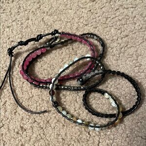 Wrap bracelet, pink gem earrings, apple, baseball earrings